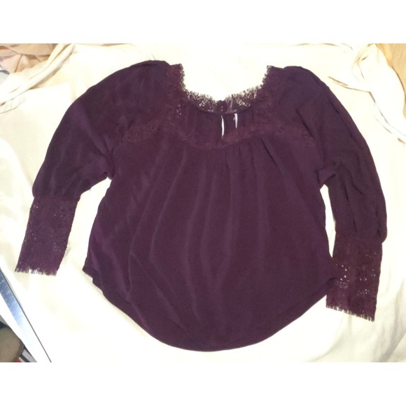 Free People Tops - Free People Purple Lace Trim Peasant Blouse Long Sleeve Boho Top Medium EUC